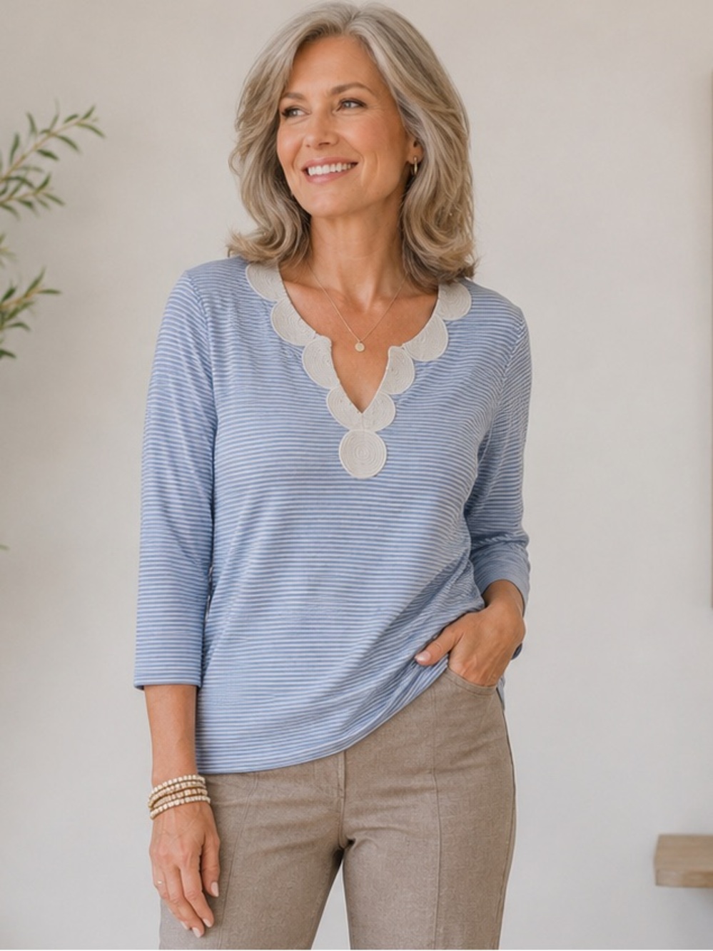 Talbots Cotton Tunic Beaded Neckline White/Blue‎ Striped Large Coastal Casual